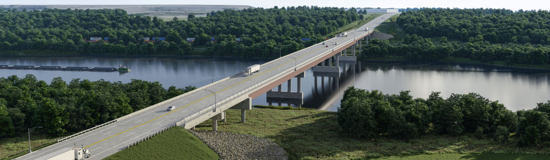 Aerial view of a highway bridge with truck traffic
