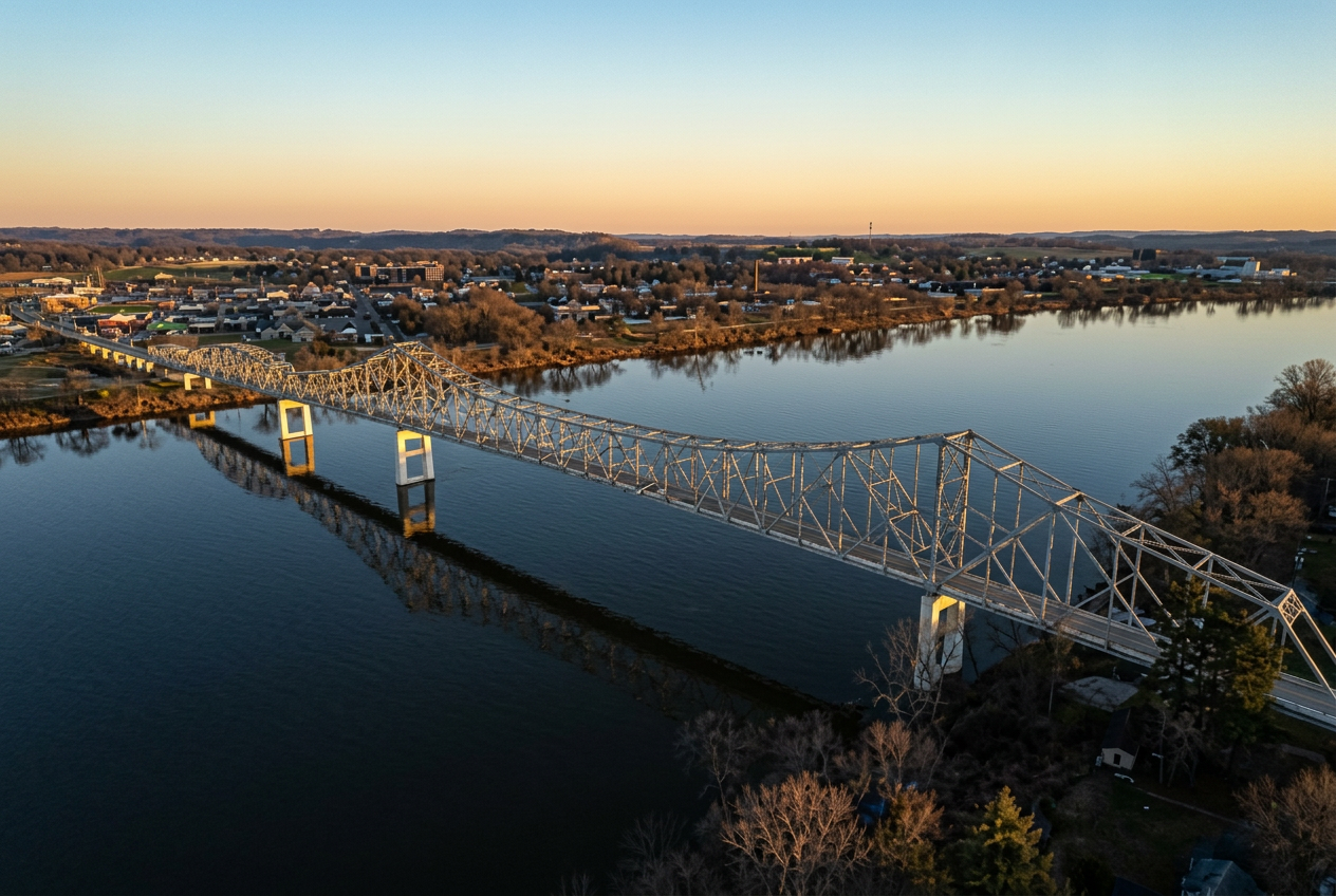 Aerial view of a truss bridge crossing the Ohio River at sunset beside a riverfront town