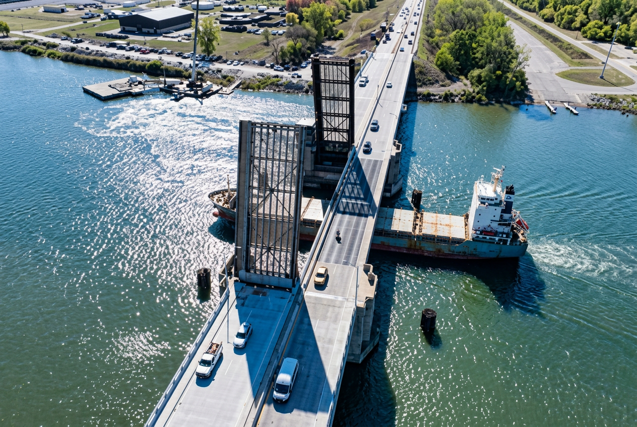 Aerial view of a drawbridge over water with vehicles crossing