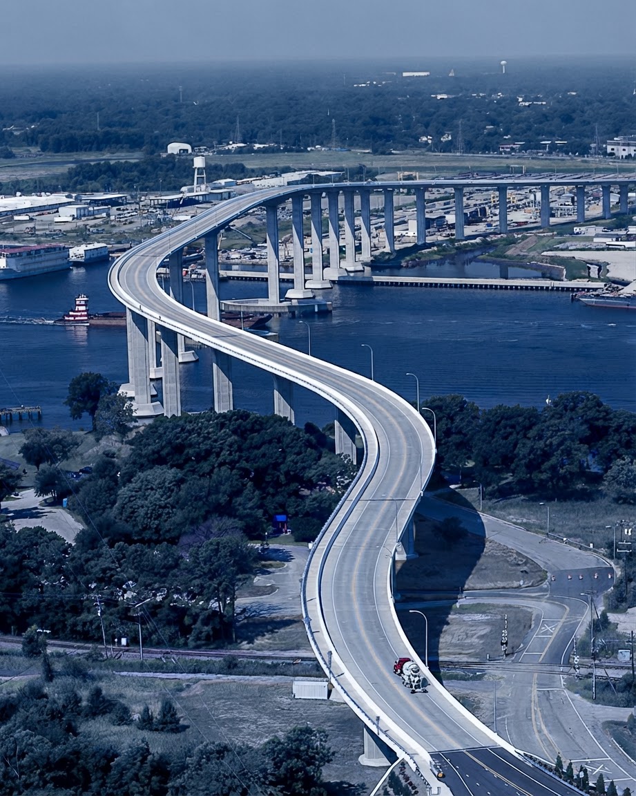 Aerial view of a modern bridge crossing a waterway