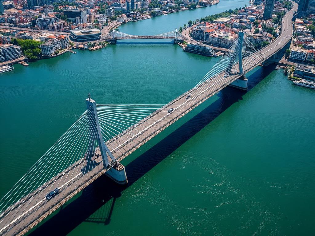 Aerial view of a modern cable bridge connecting two cities