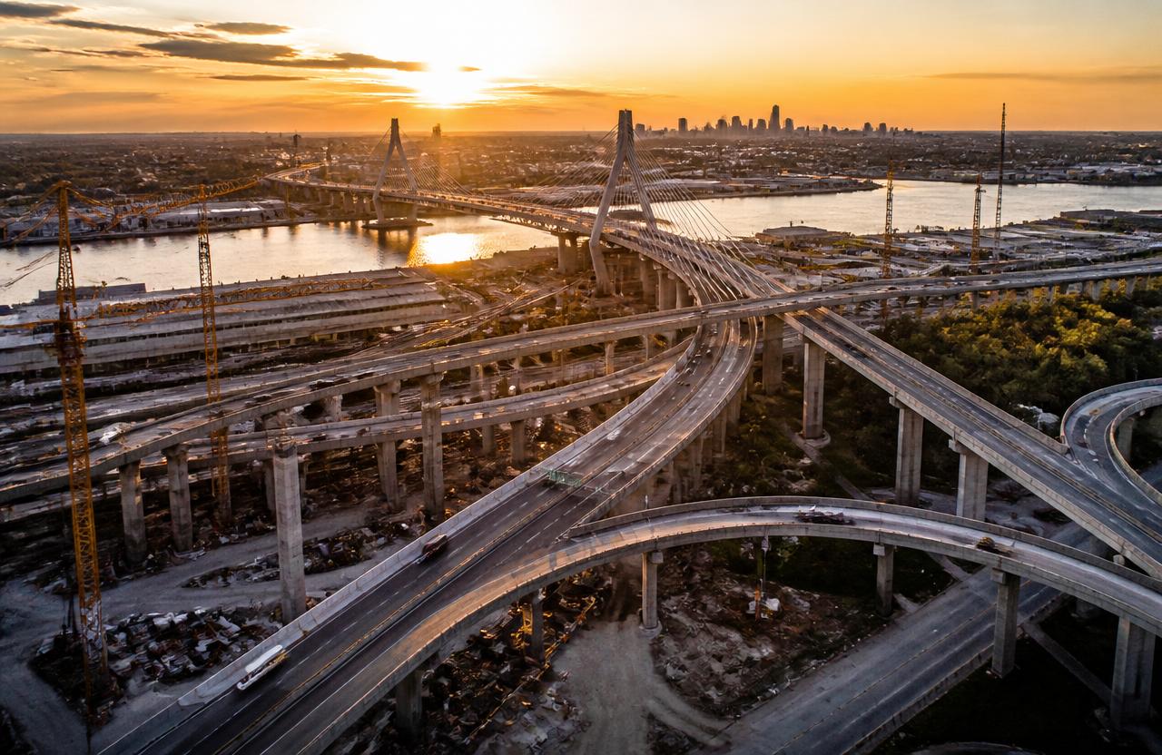 Aerial view of highway bridges and interchanges at sunset