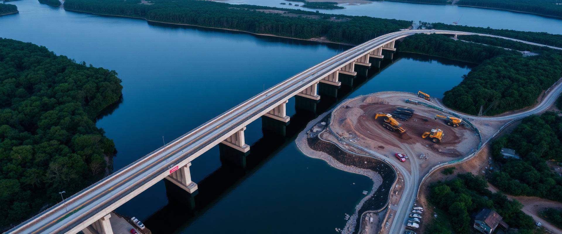 Aerial view of a bridge under construction over a river